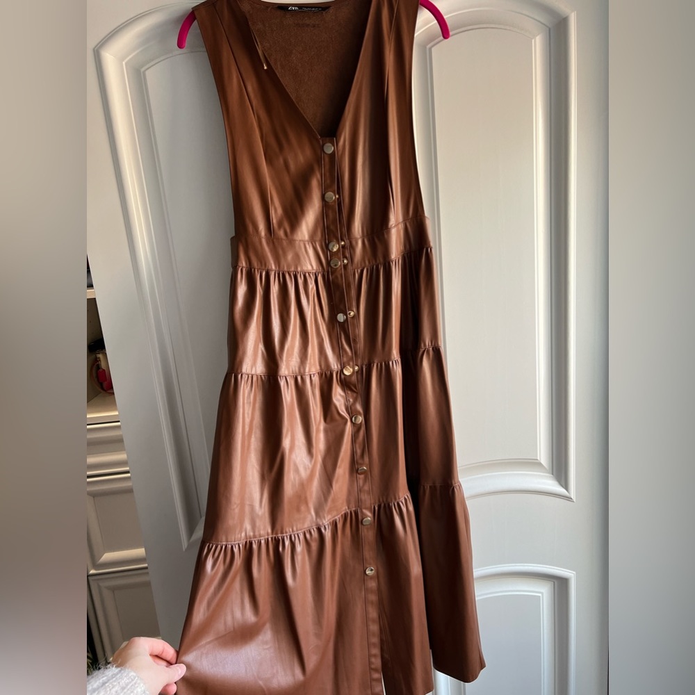 Zara brown leather jumper dress with gold buttons.